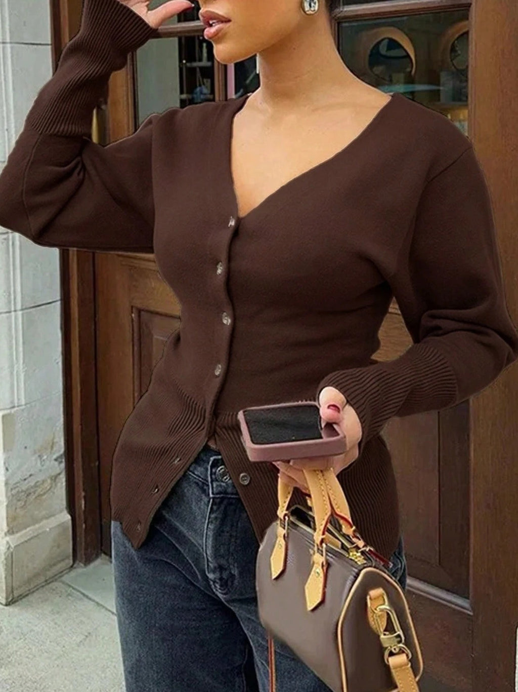 Slim-Fit V-Neck Knit Top - Soft and Shaped