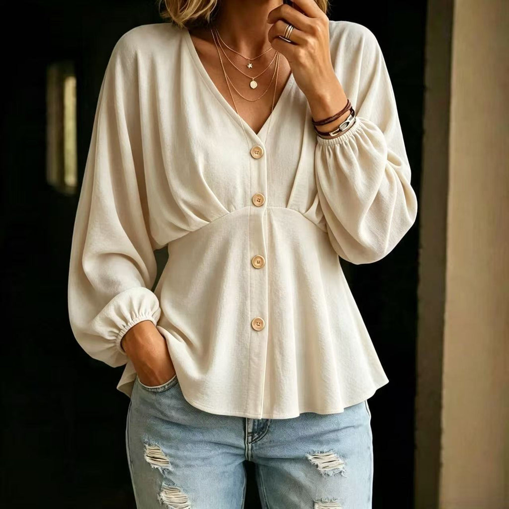 Draped Lantern-Sleeve Long-Sleeve Shirt - Soft and Versatile