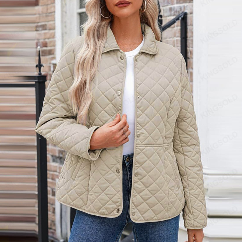 Women’s Solid Color Quilted Jacket – Casual Lapel Warm Outerwear Style