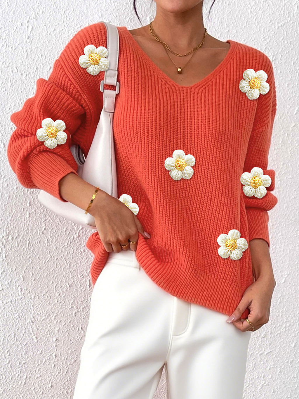 Floral Patchwork V-Neck Sweater - Textured and Elegant
