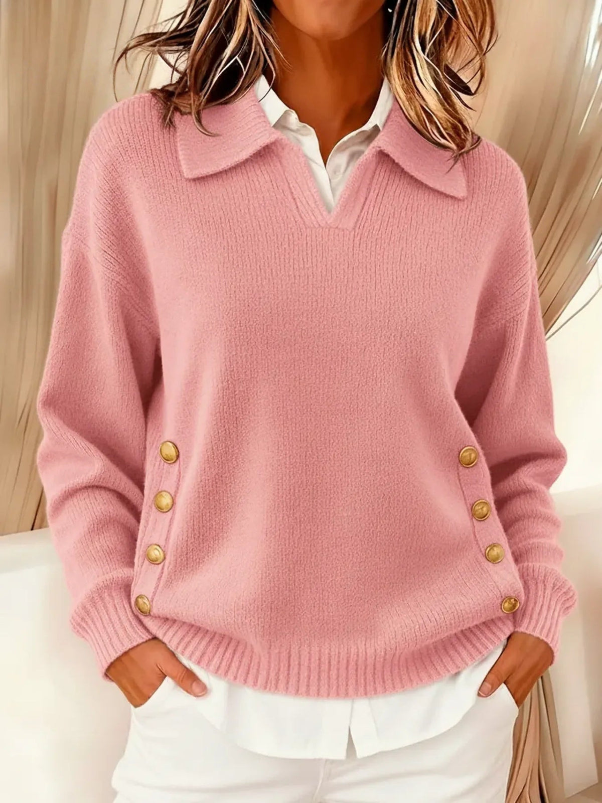 Women's Polo Collar Button Sweater - Simple Soft Everyday Knit