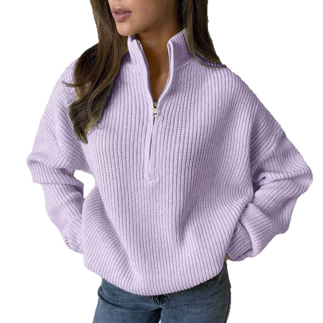 Women's Zip-Up Knit Pullover - Relaxed Soft Everyday Outerwear
