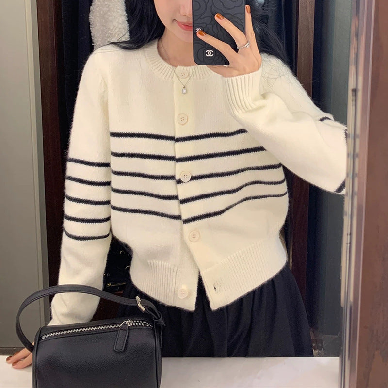 Women's Striped Crewneck Cardigan Sweater - Easy Casual Knit