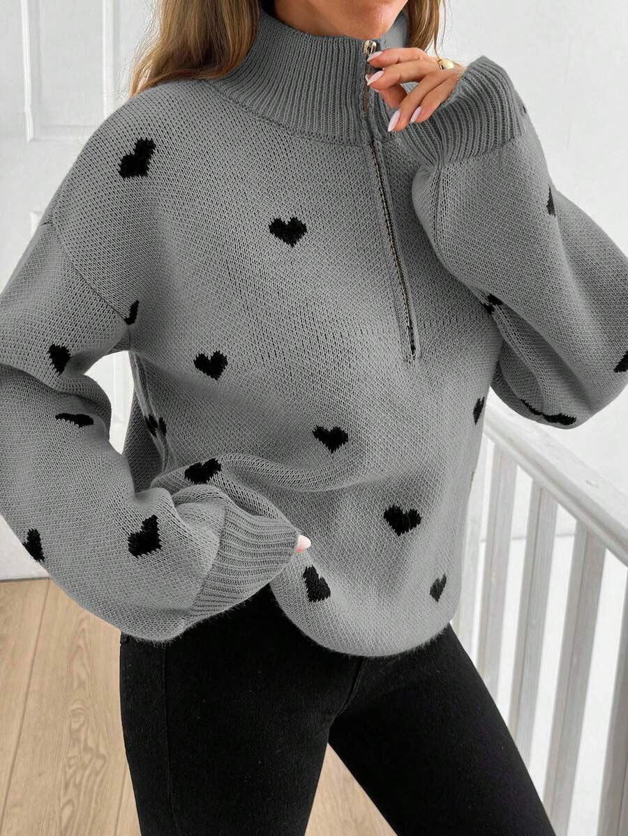 Women’s Heart-Pattern Zip Sweater - Soft and Warm