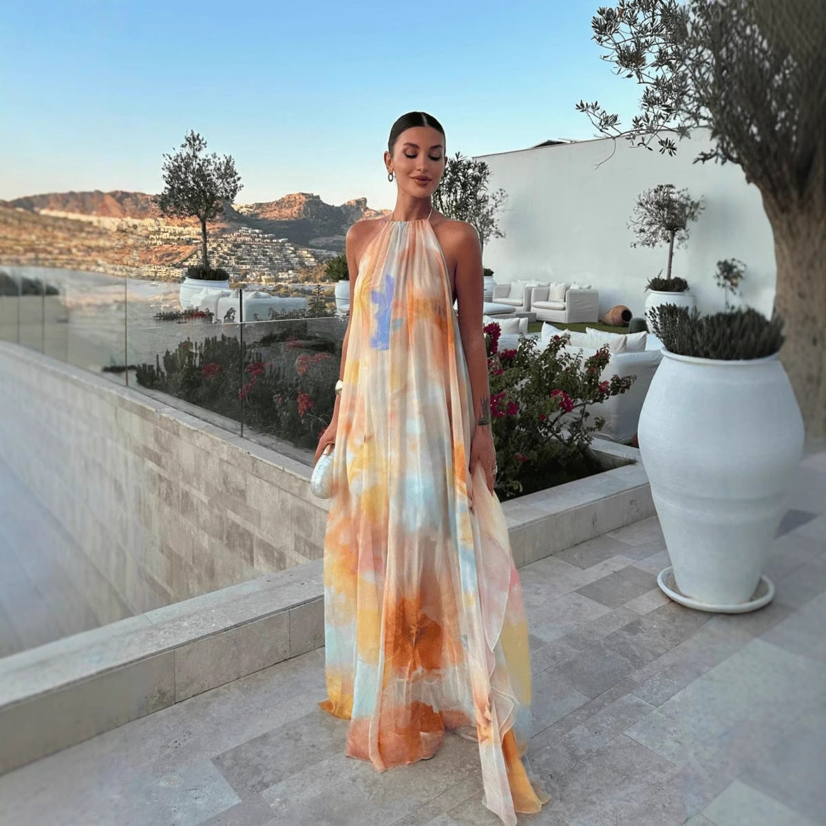 Women's Halter Backless Printed Maxi Dress – Flowy Summer Statement Dress