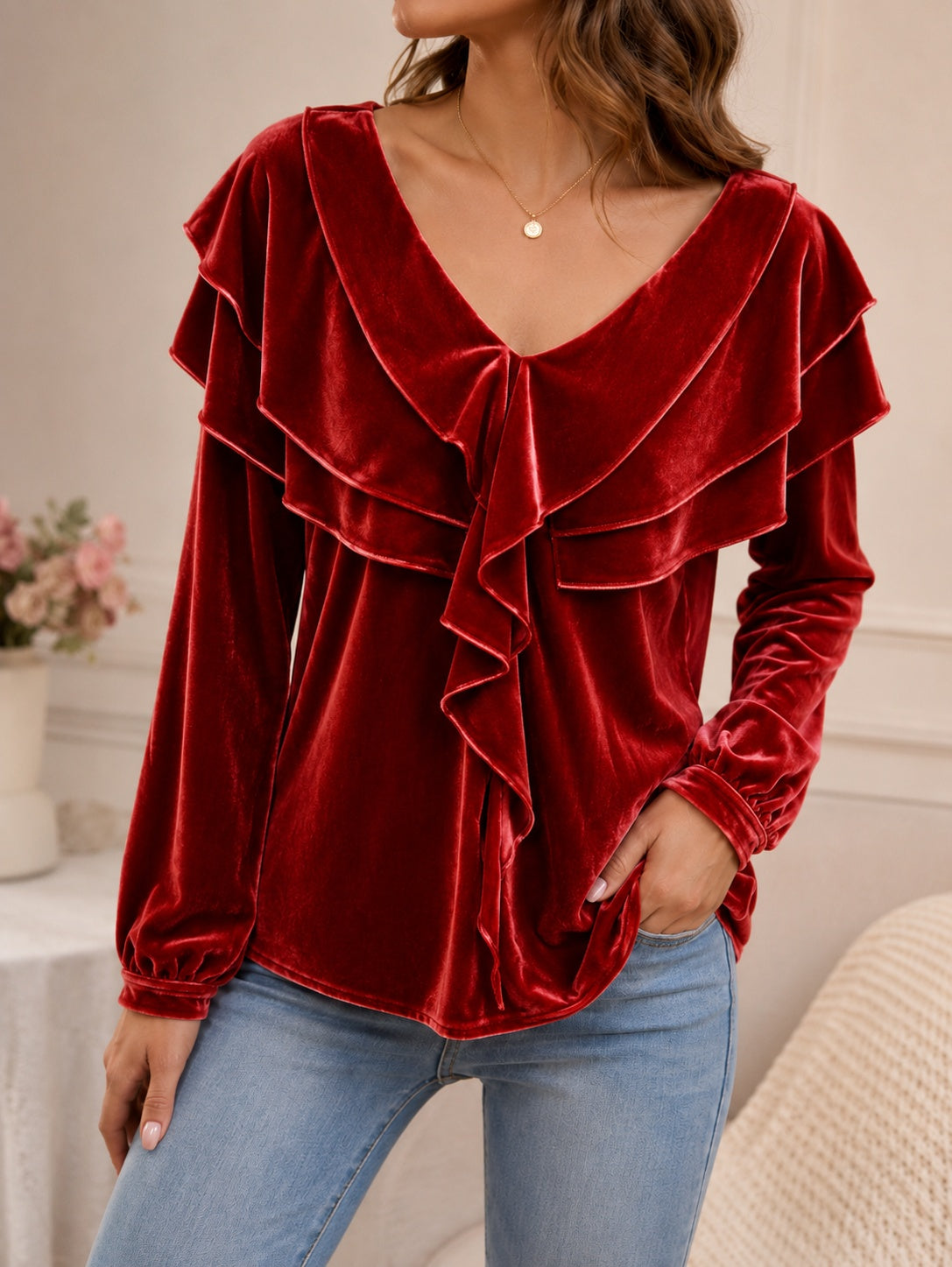 Women’s Velvet V-Neck Ruffled Top – Elegant Chic Feminine Style