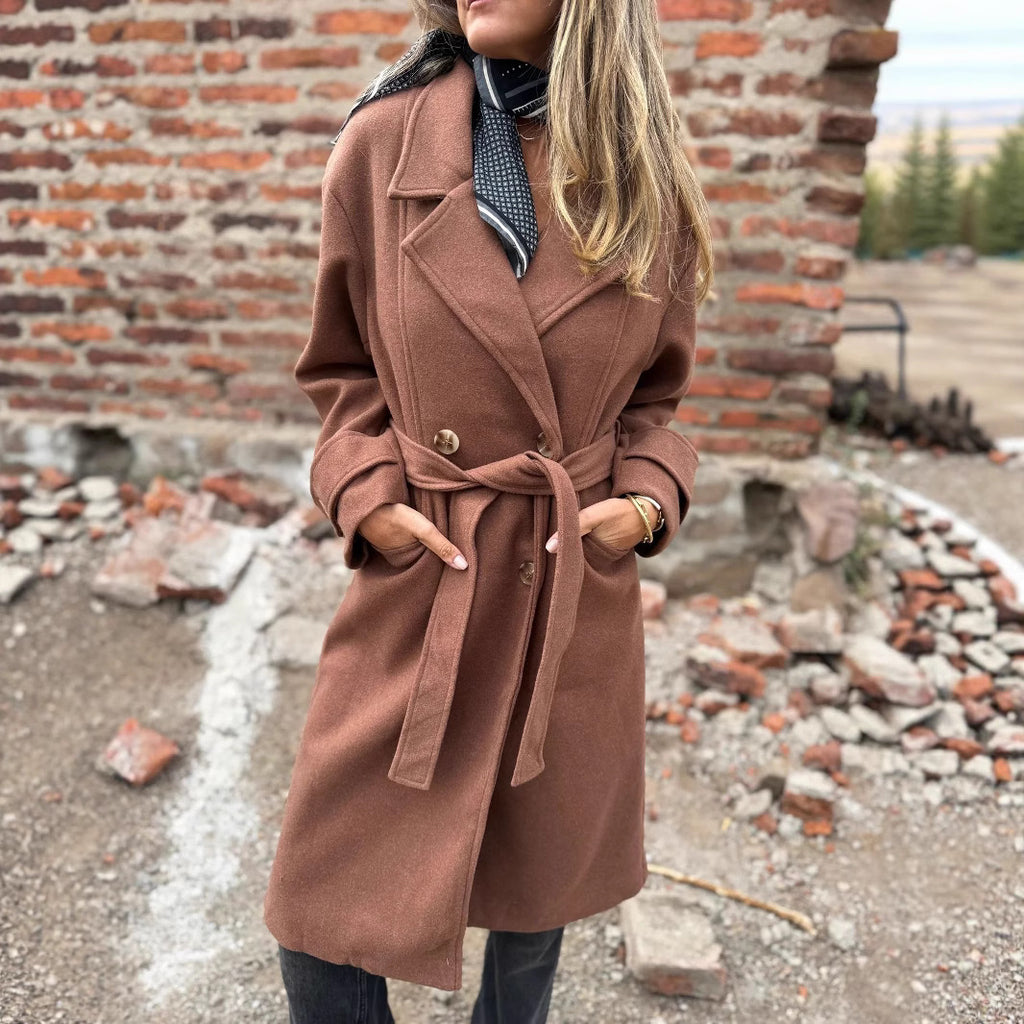 Women’s Autumn Winter Lace-Up Cardigan Coat – Casual Long Sleeve Lapel Wool Blend with Pockets