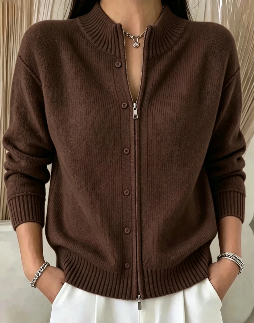 Zip-Up Crewneck Knit Sweater - Soft and Modern
