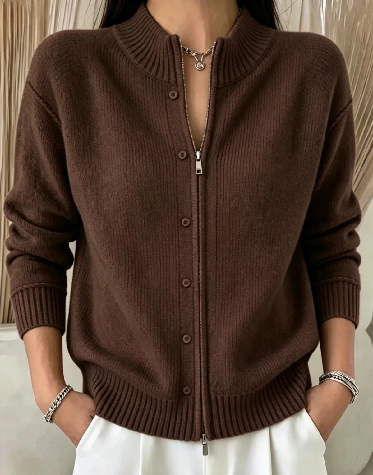 Zip-Up Crewneck Knit Sweater - Soft and Modern