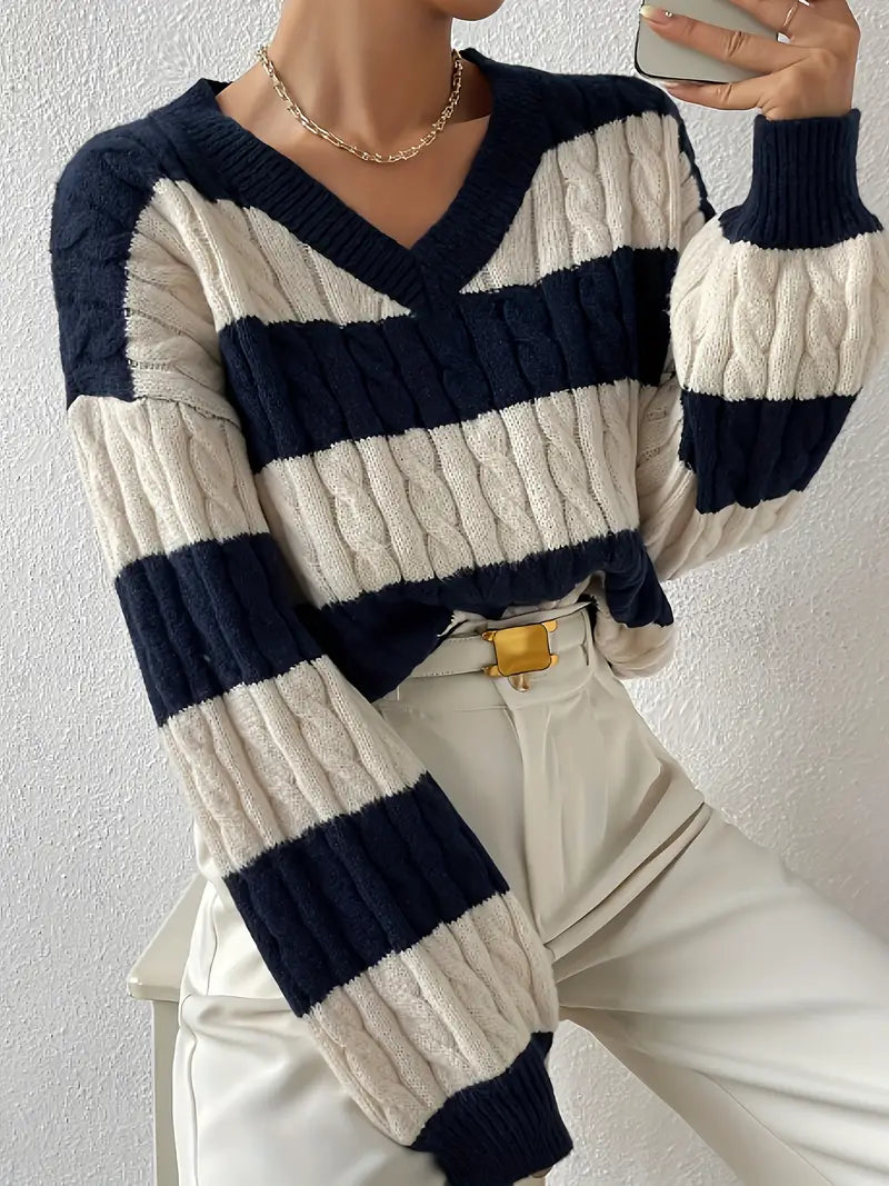 Striped loose V-neck sweater