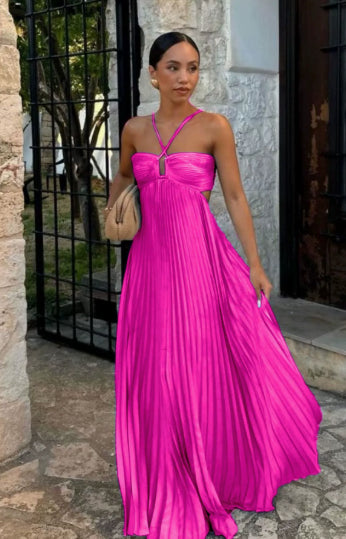 Women's Pleated Sleeveless Halter Dress – Elegant Evening Party Style