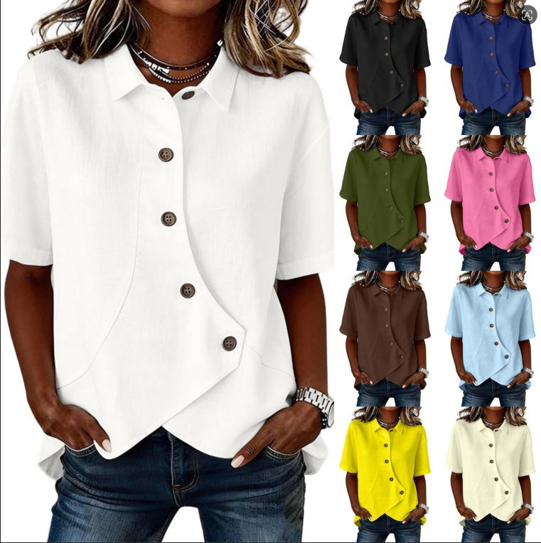 Women's Irregular-Button Blouse – Relaxed Short-Sleeve Everyday Top