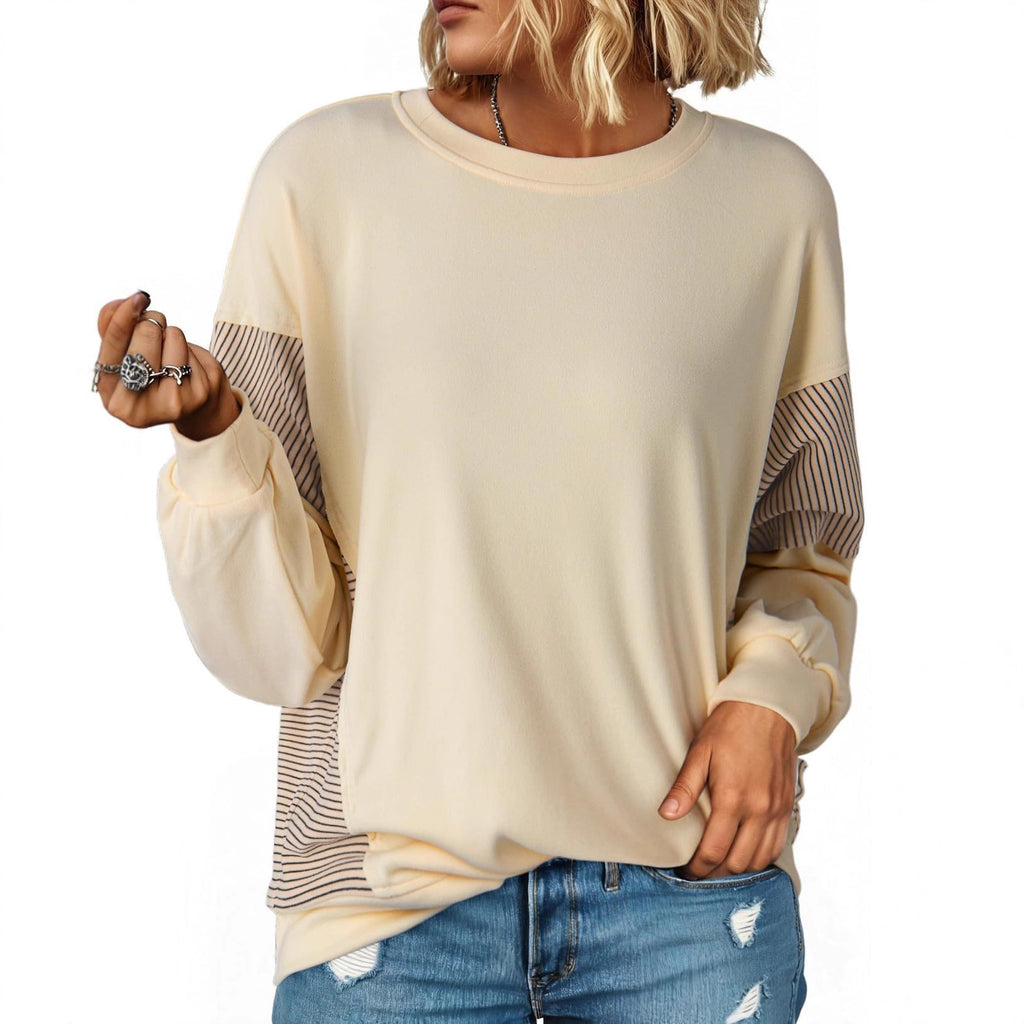 Women’s Color-Blocked Striped Sweatshirt – Casual Crew-Neck Long-Sleeve Sweater
