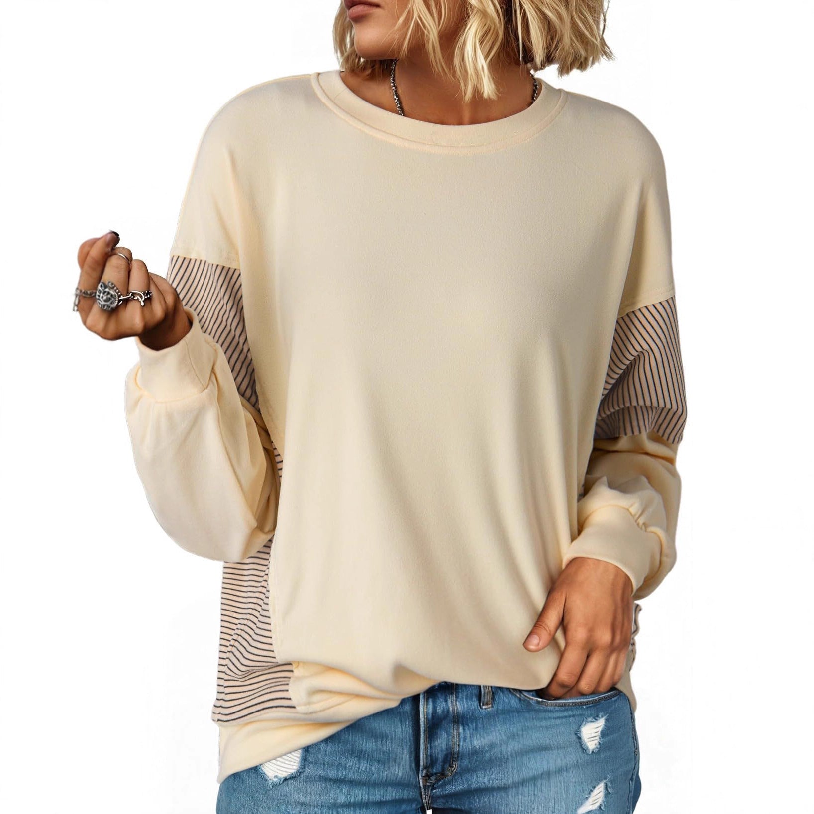 Women’s Color-Blocked Striped Sweatshirt – Casual Crew-Neck Long-Sleeve Sweater