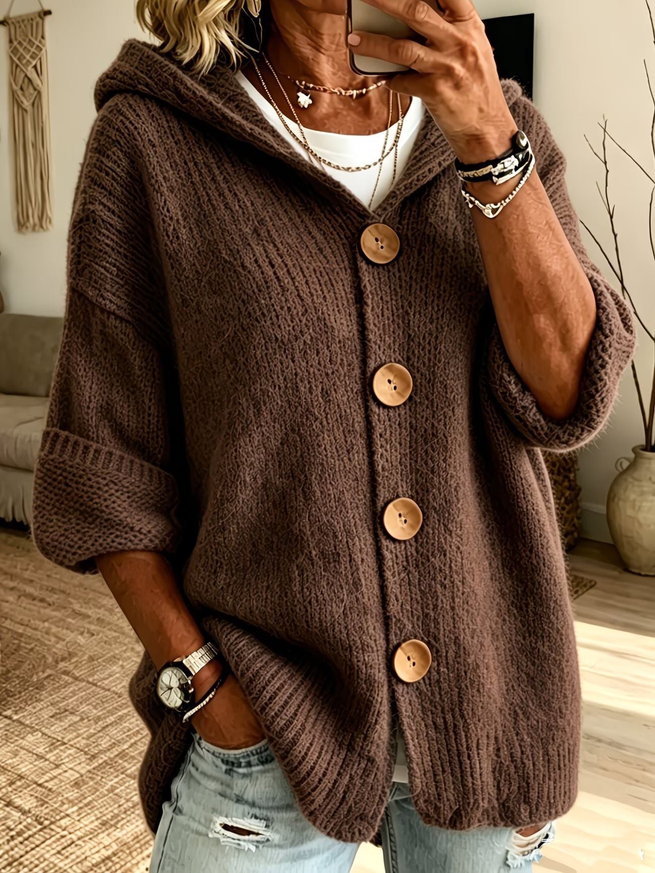 Women’s Solid Color Hooded Cardigan Sweater – Long Sleeve Button-Down Knit Casual Everyday Style