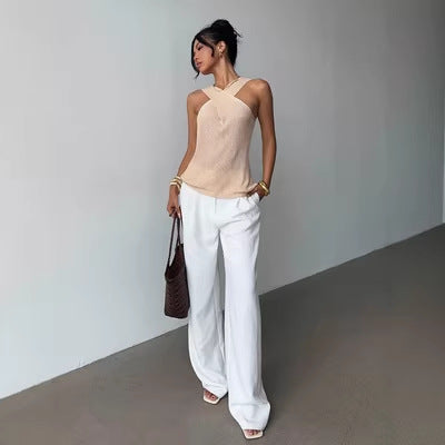 Women's Sleeveless Knit Vest - Cross Neck Pullover Top