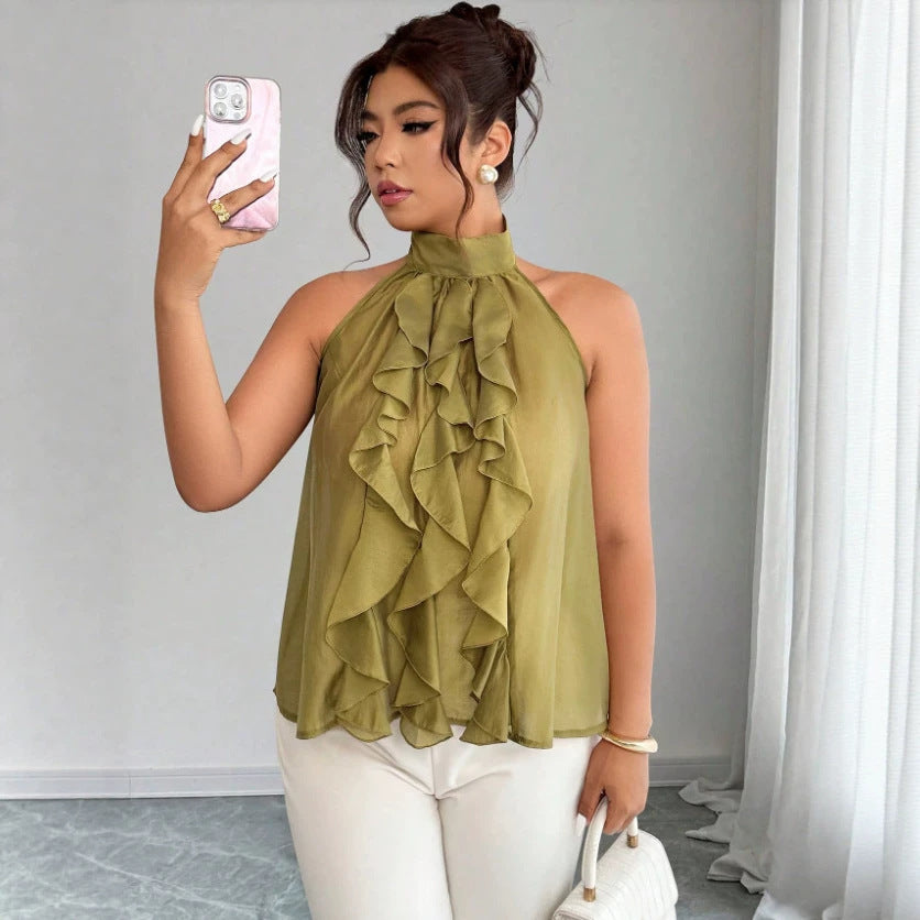 Women's Plus Size Ruffle Halter Top - Flowy Sleeveless Statement Blouse