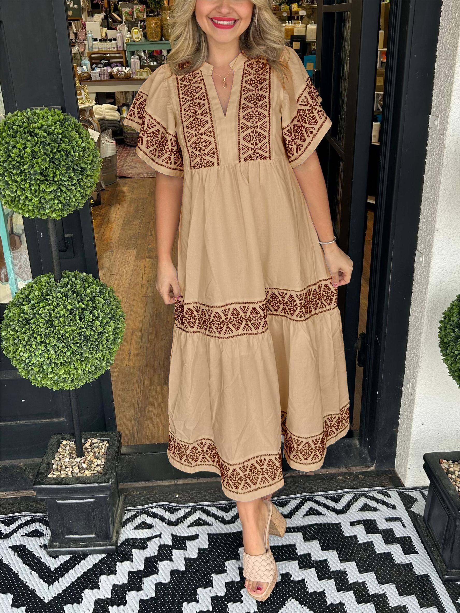 Women's Embroidered V Neck Boho Maxi Dress – Flowy Vacation Dress