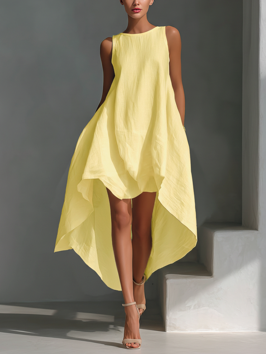 Women's Sleeveless Midi Linen Dress - Round Neck Asymmetric Hem
