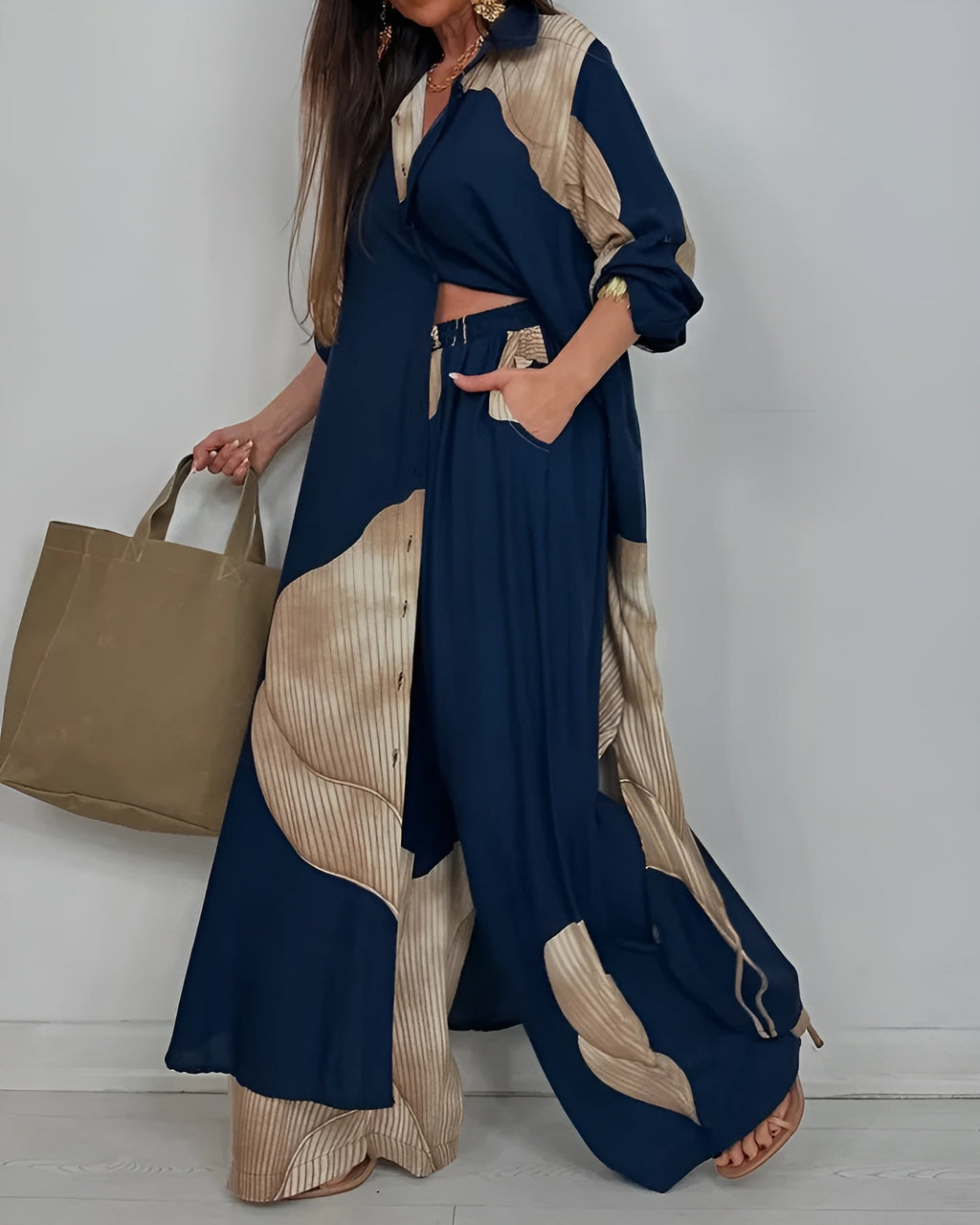 Women's Two-Piece Outfit Set - Button Shirt and Wide Leg Pants Matching Set