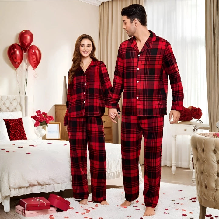 Couples Plaid Lapel Pajama Set – Casual Matching Sleepwear Outfit