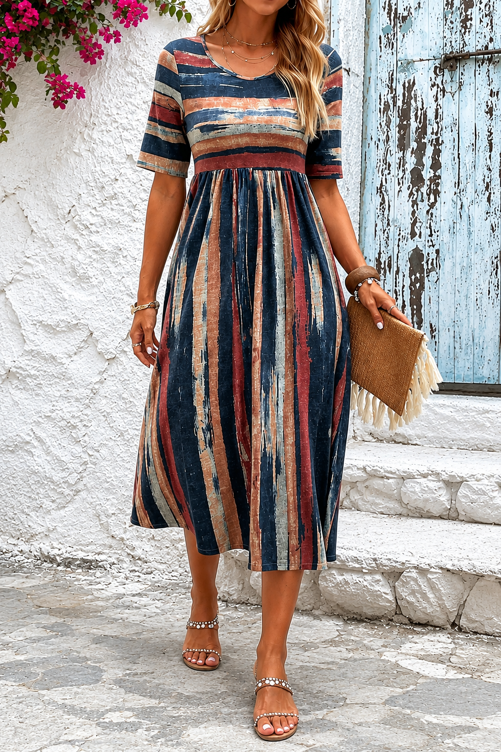 Women's Striped Tummy-Control Midi Dress - Flattering Elegant Daywear