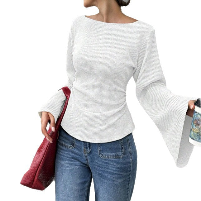 Ribbed Flared-Sleeve Top - Fitted and Elegant