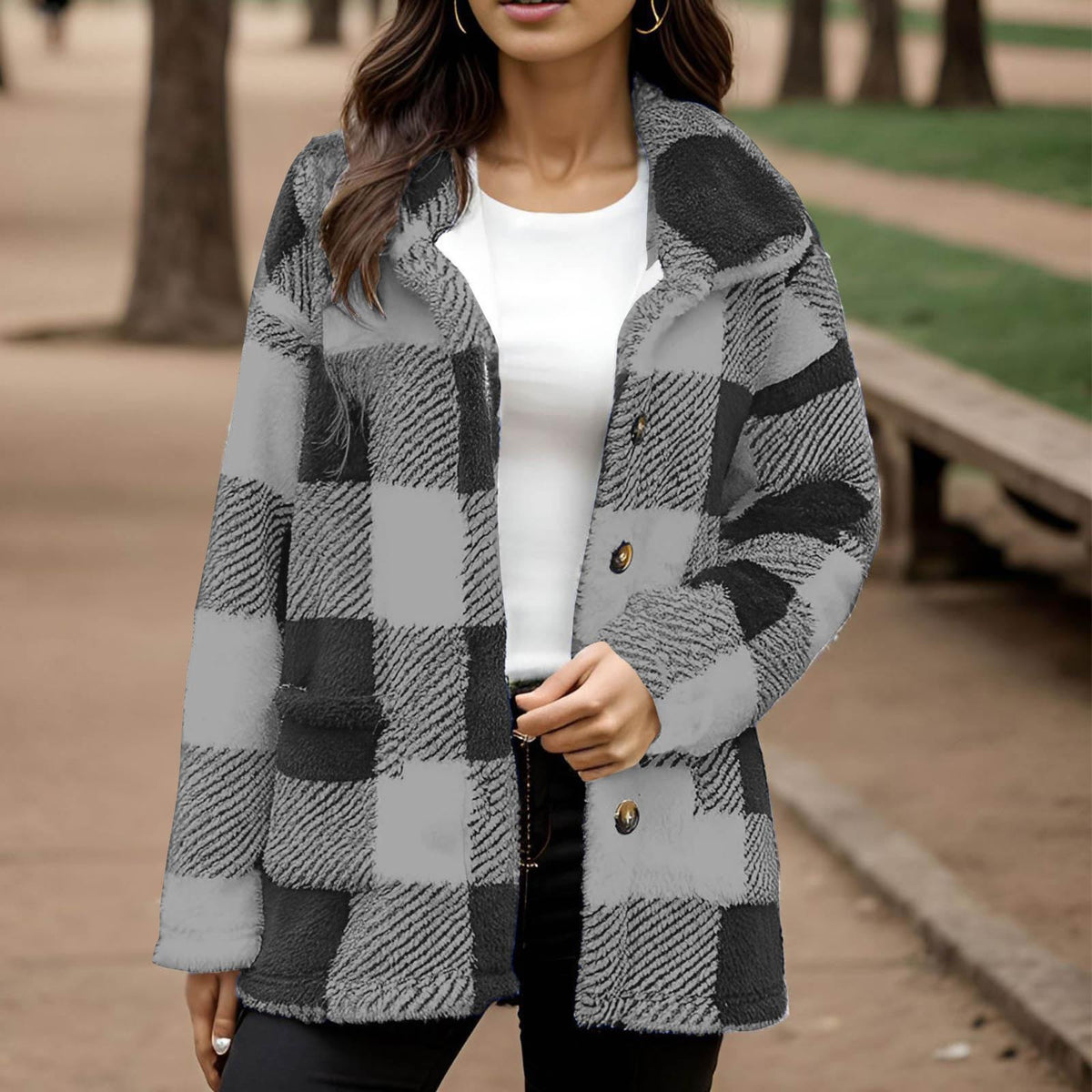 Plaid Plush Coat With Pockets - Warm and Practical