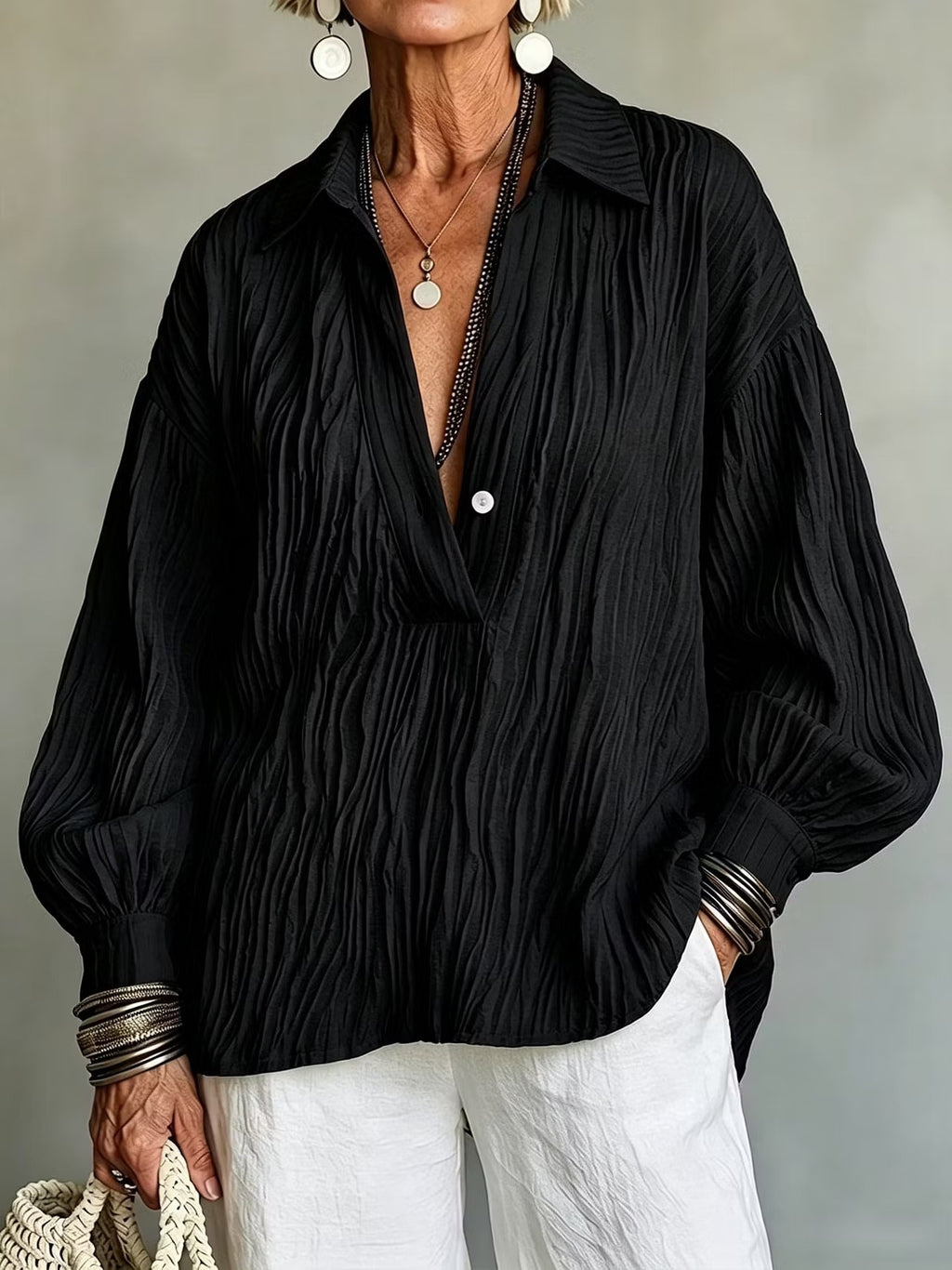 V-Neck Long-Sleeve Shirt - Light and Elegant