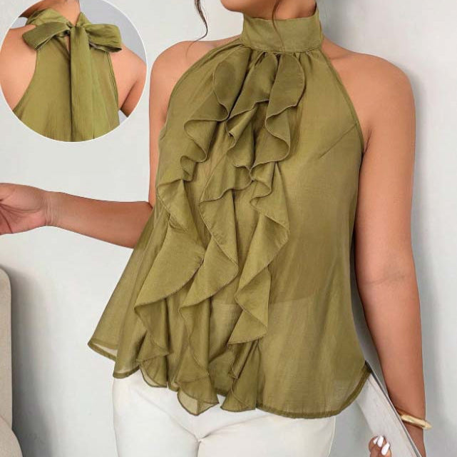 Women's Plus Size Ruffle Halter Top - Flowy Sleeveless Statement Blouse