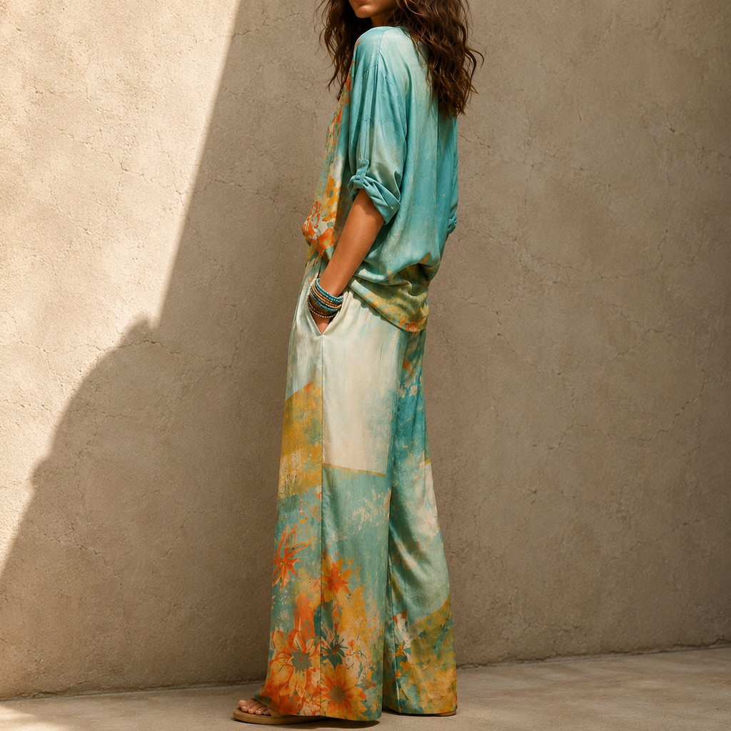 Women's Floral Pant Set - Elegant Flowing Two-Piece Outfit