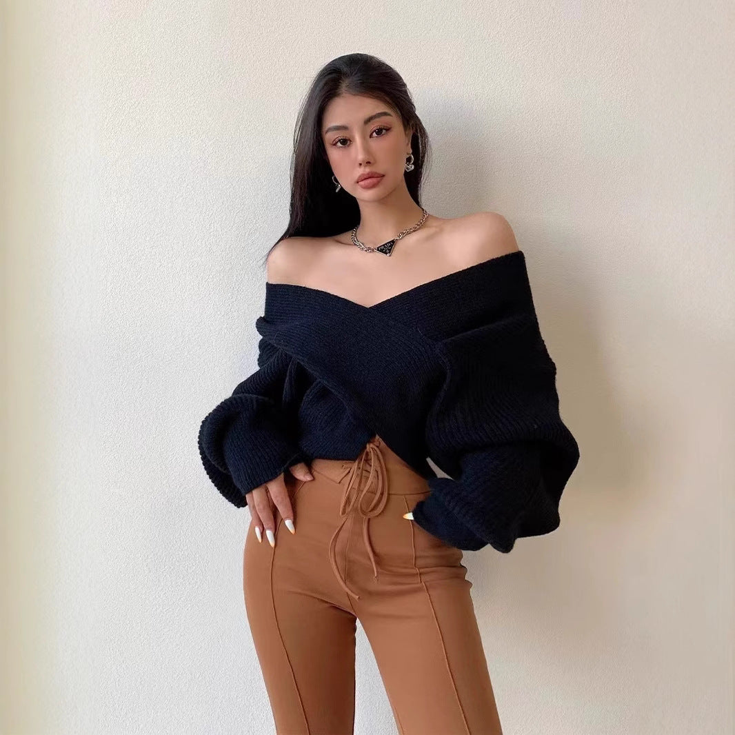 Cross V-Neck Off-Shoulder Knit Pullover - Soft and Feminine