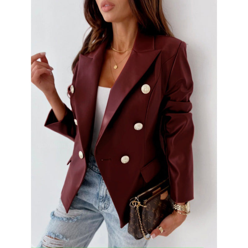 Women’s Long Sleeve Double-Breasted PU Leather Blazer – Chic Elegant Casual Formal Style