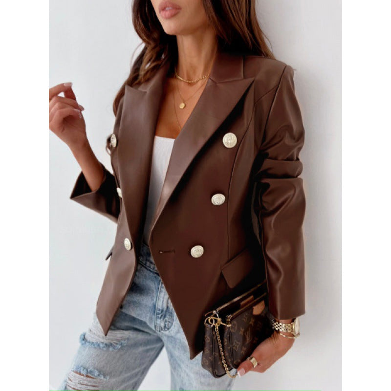 Women’s Long Sleeve Double-Breasted PU Leather Blazer – Chic Elegant Casual Formal Style