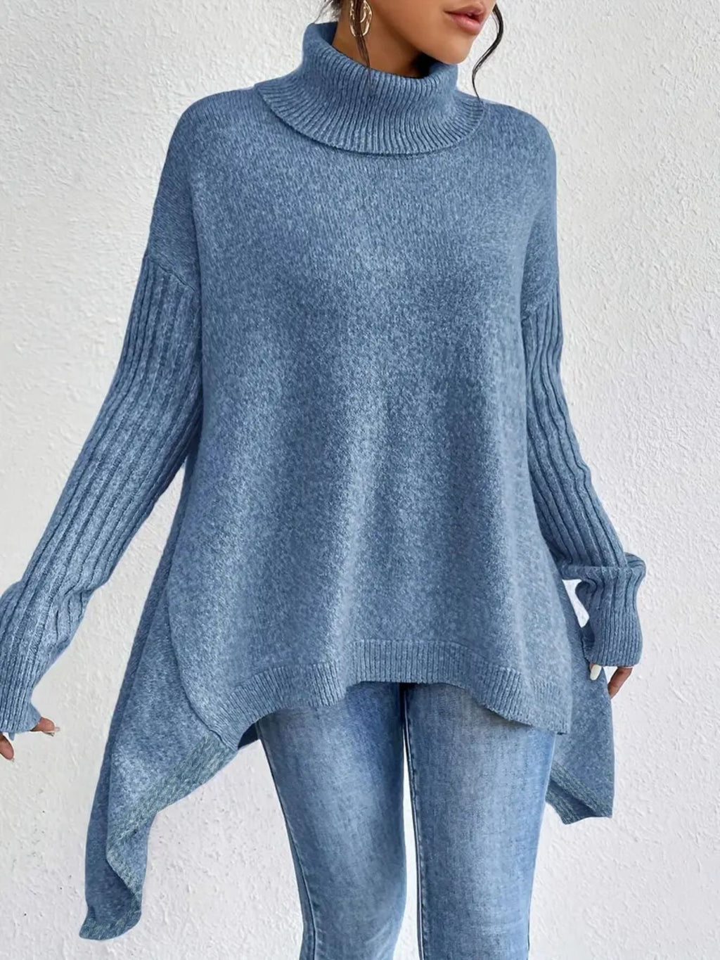 Women’s Irregular Turtleneck Sweater – Loose Knit Long-Sleeve Pullover