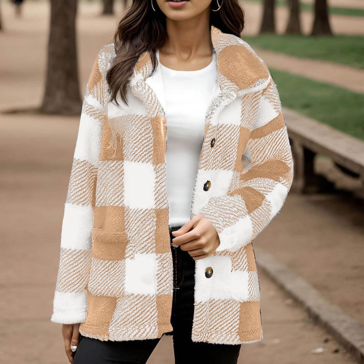 Plaid Plush Coat With Pockets - Warm and Practical