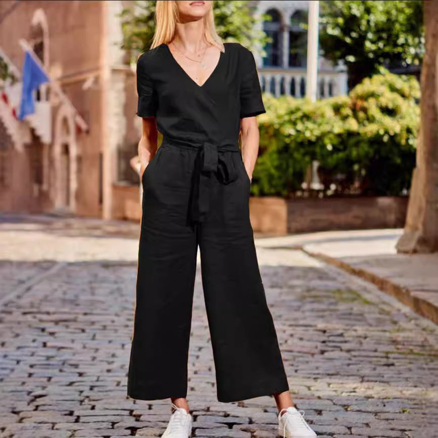 Women's Color-Block Short Sleeve Jumpsuit - Relaxed Wide Leg Everyday One-Piece