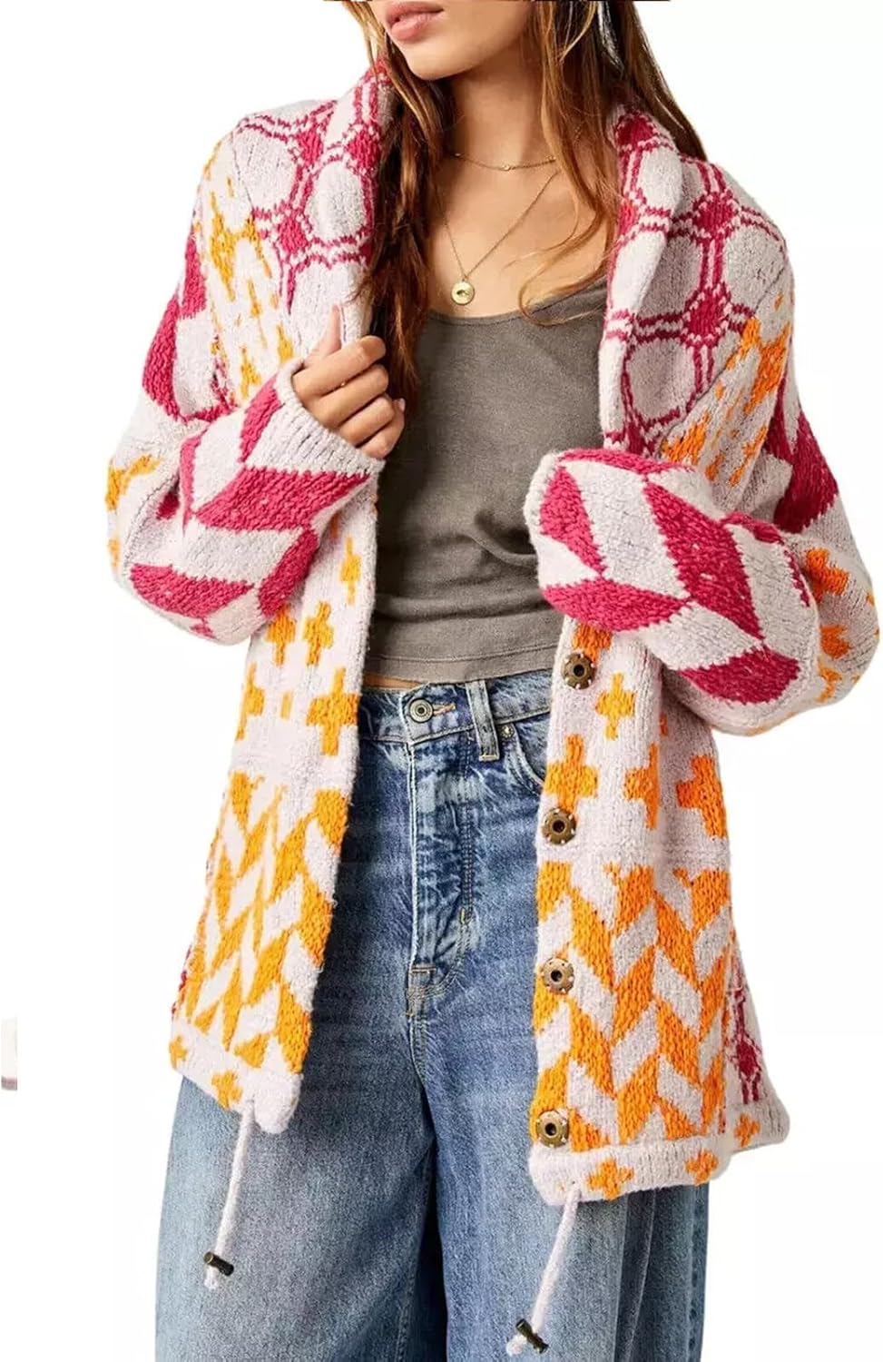 Bold Geometric Long Cardigan - Colorful and Cozy