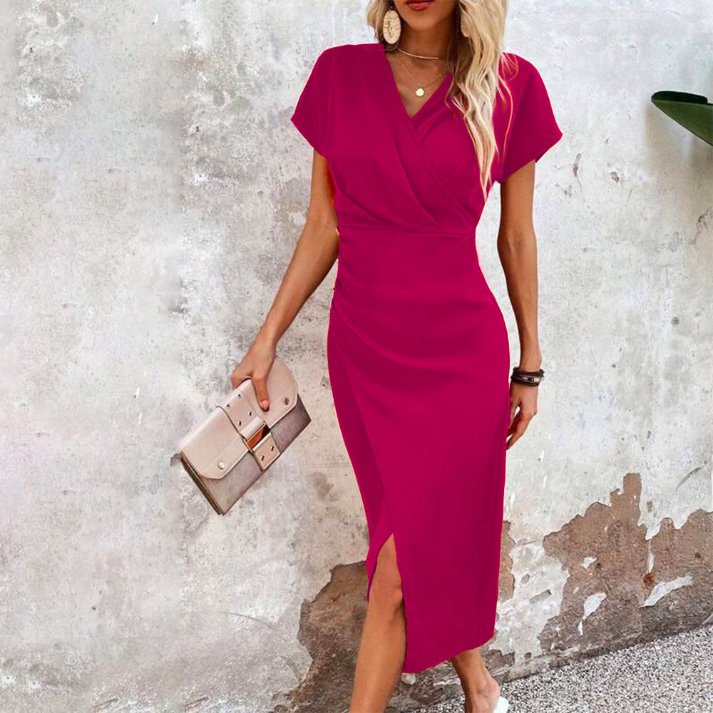 Women’s Slim-Fit Short Sleeve Dress – Split V-Neck Sexy Summer Party Style