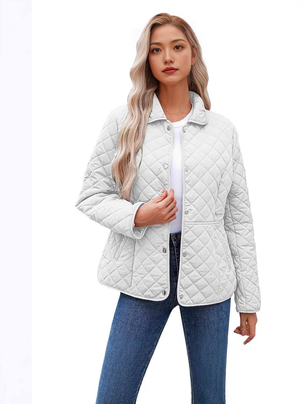 Women’s Solid Color Quilted Jacket – Casual Lapel Warm Outerwear Style