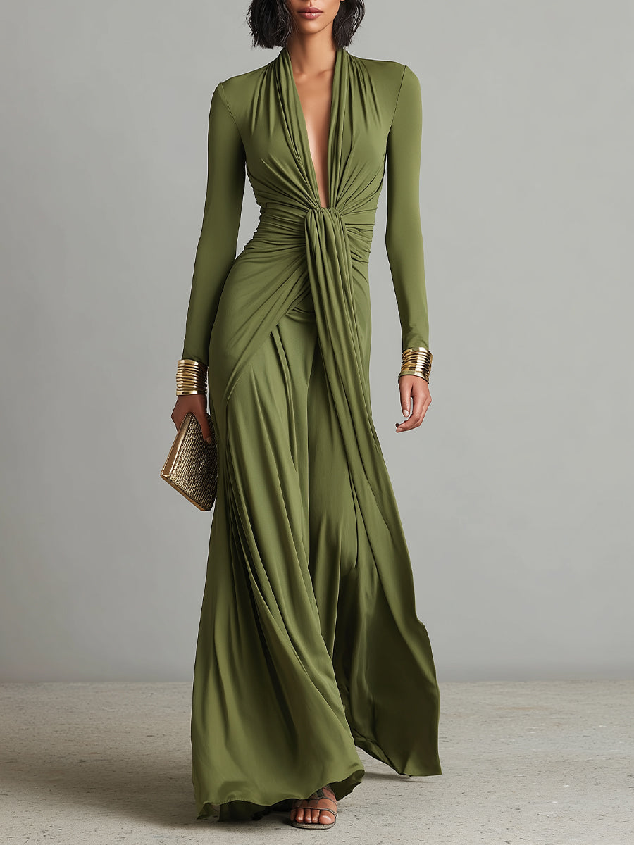 Women's Olive Silk Maxi Dress – Deep V-Neck Elegant Occasion Style