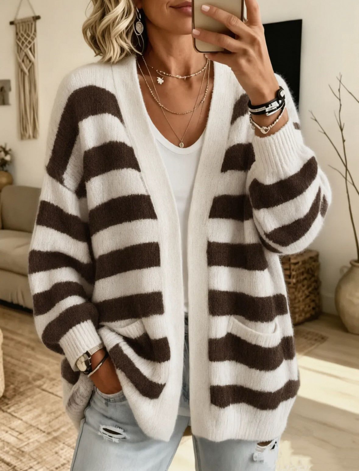 Women's Striped Cardigan Top with Pockets - Cozy Everyday Layer
