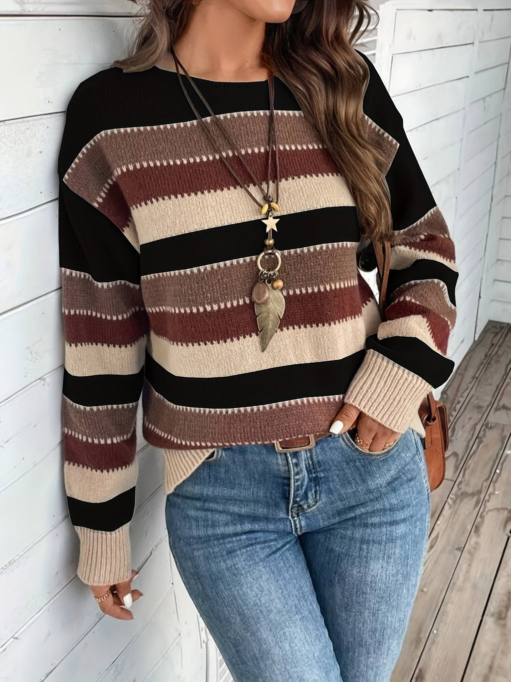 Women’s Striped Round Neck Sweater – Soft Casual Knit