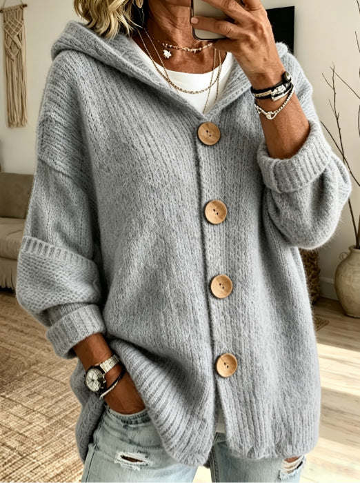 Women’s Solid Color Hooded Cardigan Sweater – Long Sleeve Button-Down Knit Casual Everyday Style