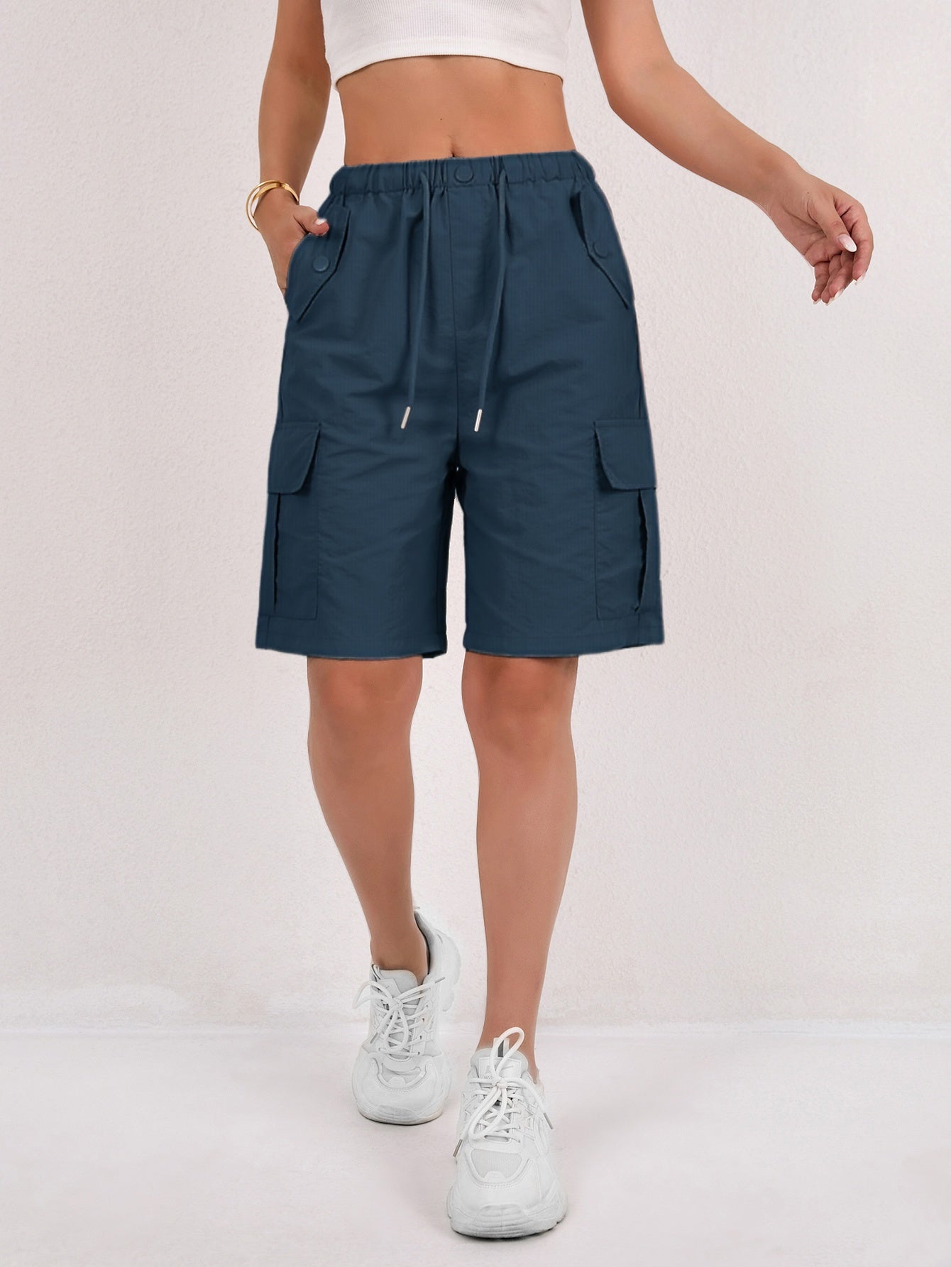 Women's Pink High-Waisted Drawstring Cargo Bermuda Shorts