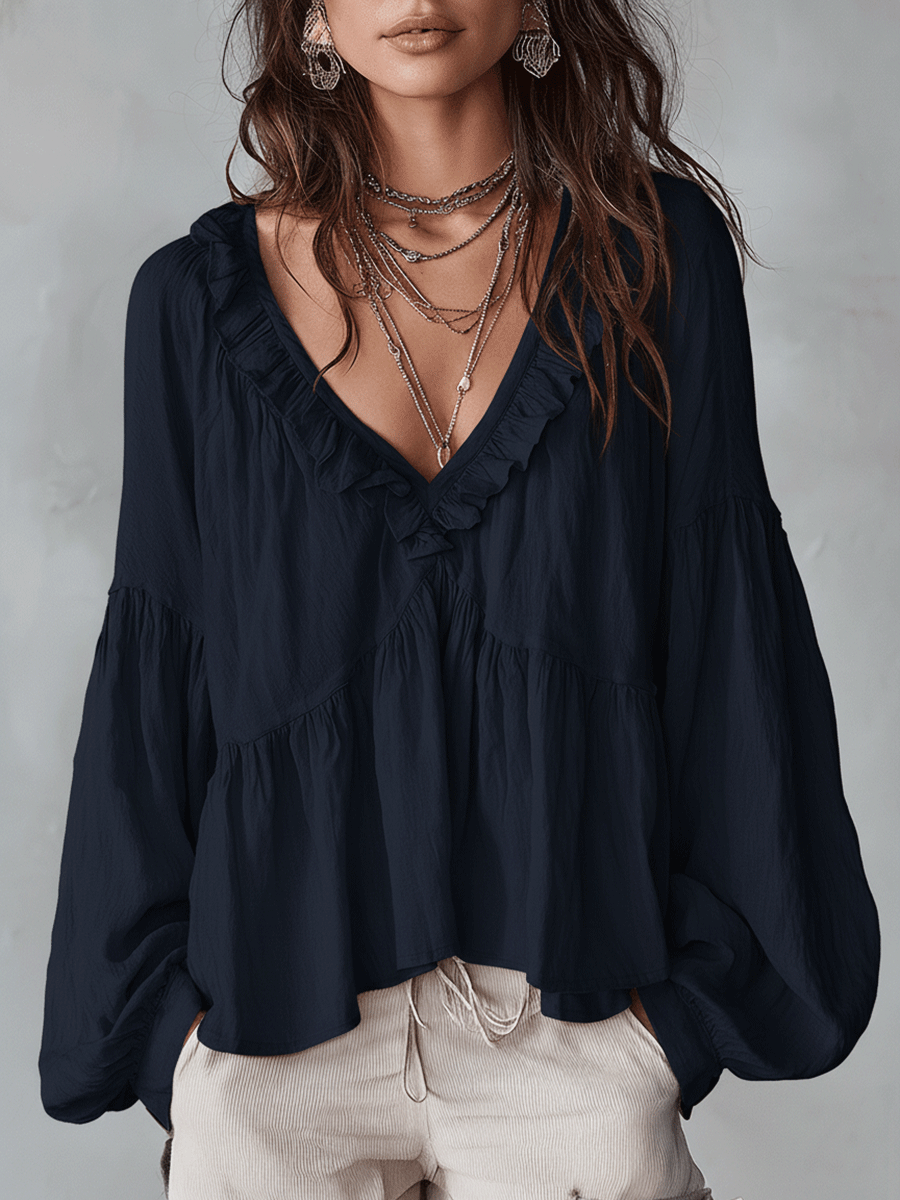 Women's Bohemian Ruffle Blouse – Airy Vintage-Inspired Long Sleeve Top