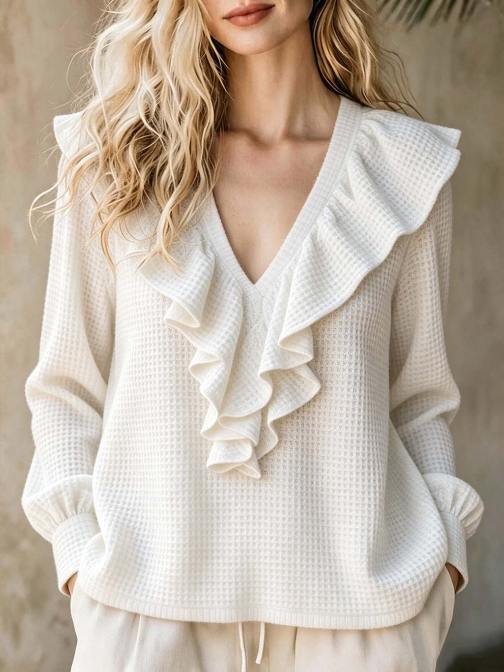Waffle-Knit V-Neck Top - Soft and Feminine