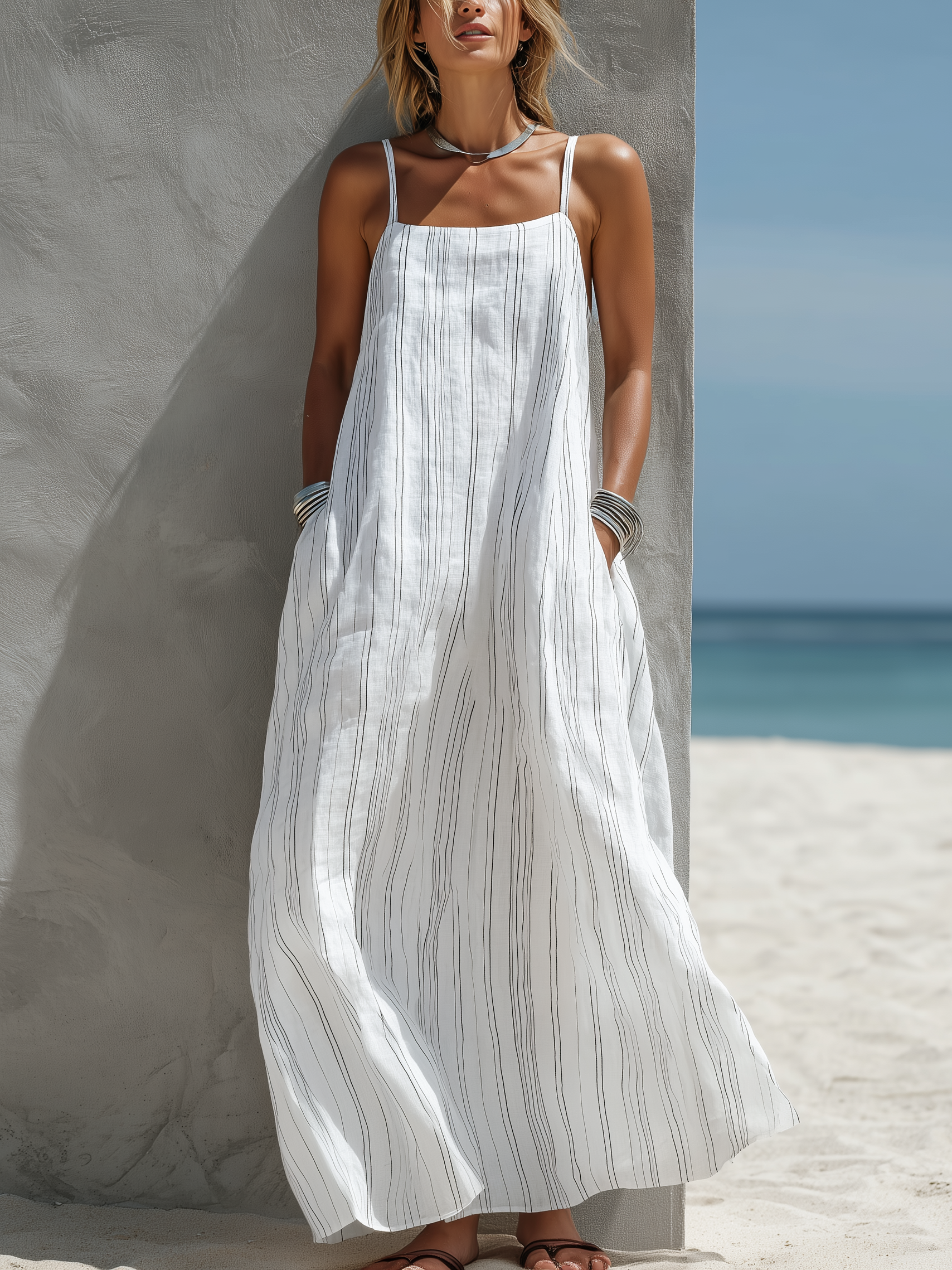 Women's Striped Sleeveless Maxi Dress - Relaxed Woven Summer Style