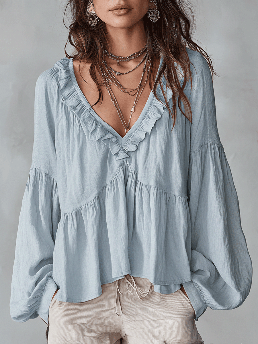 Women's Bohemian Ruffle Blouse – Airy Vintage-Inspired Long Sleeve Top