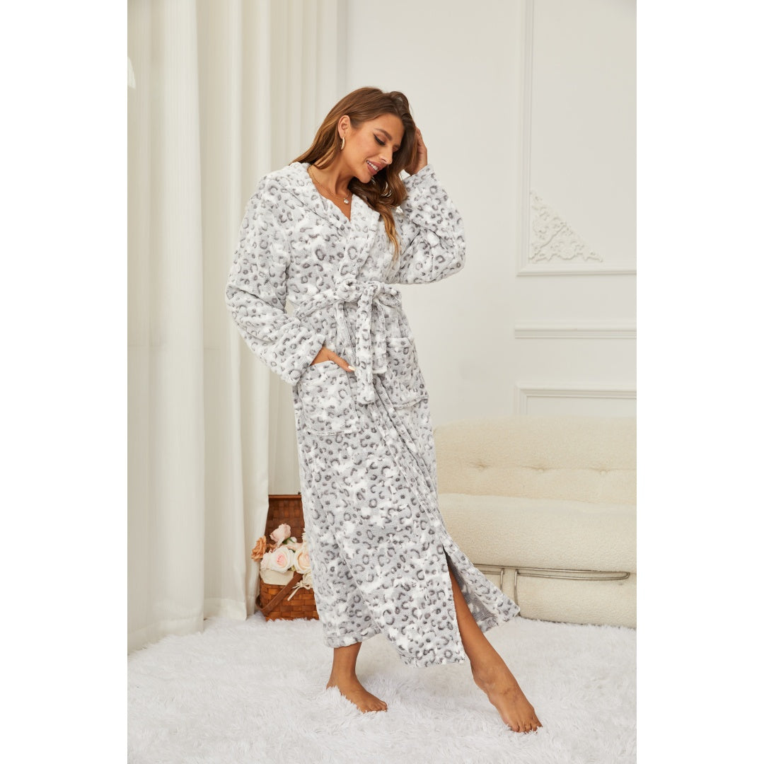 Women’s Long Fleece Bathrobe – Hooded Leopard Print Robe with Belt